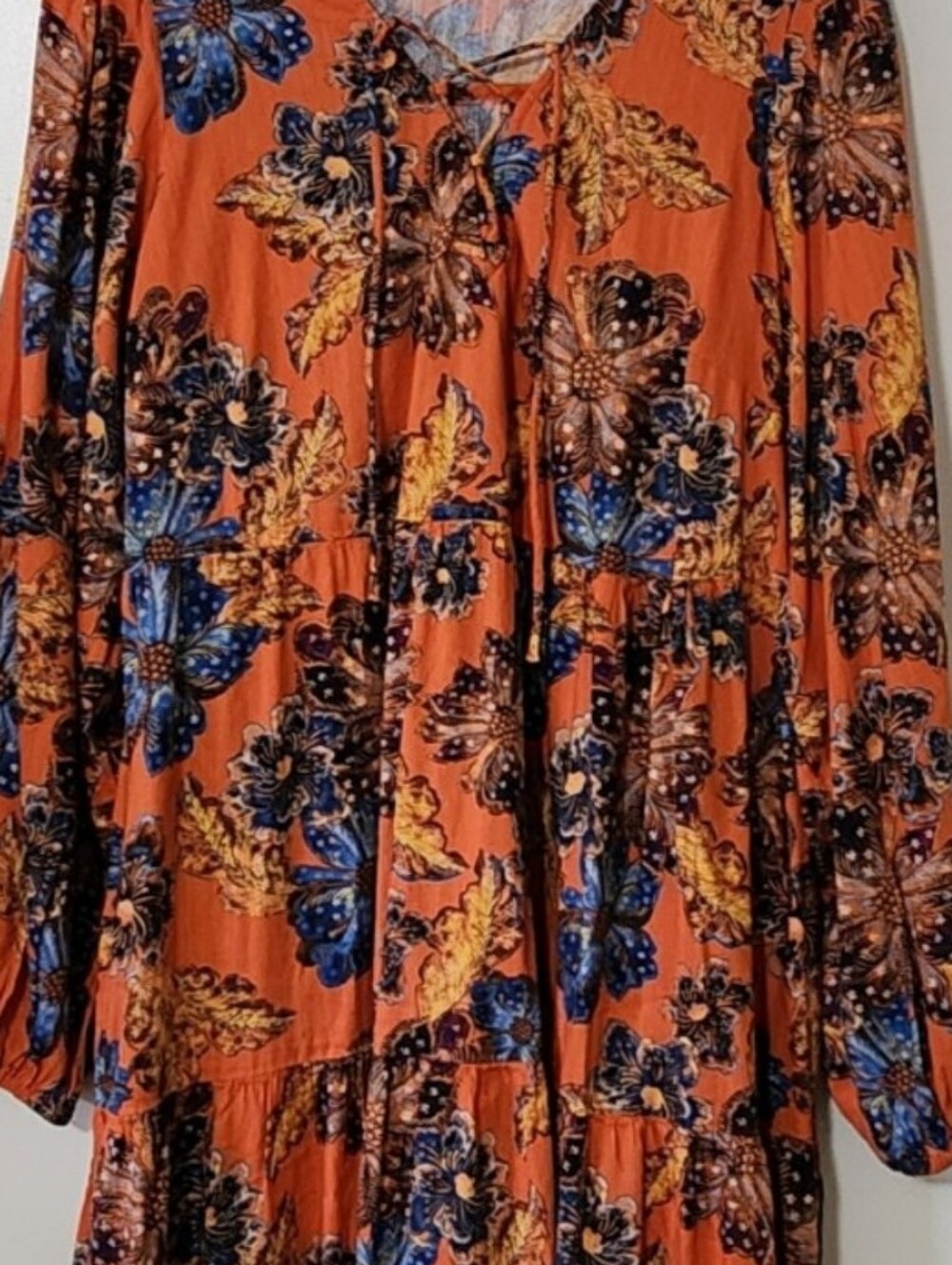 Tiered Floral Swing Dress Rich Jewel Tones Earthy Autumnal 70s Retro Boho Large - Picture 10 of 10